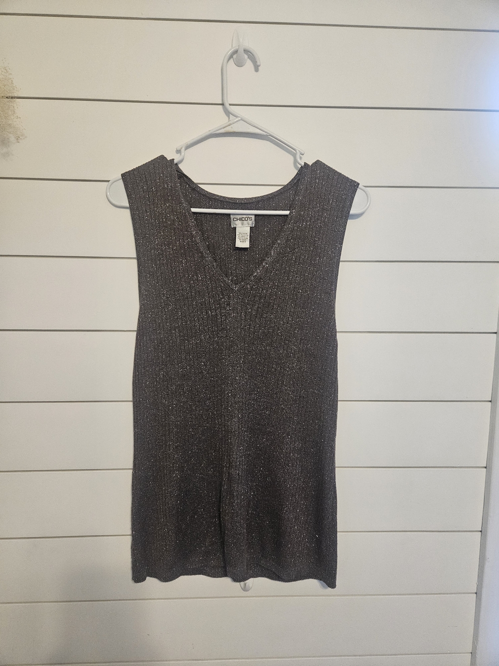Chico's Metallic Charcoal Ribbed V-Neck Knit Tank